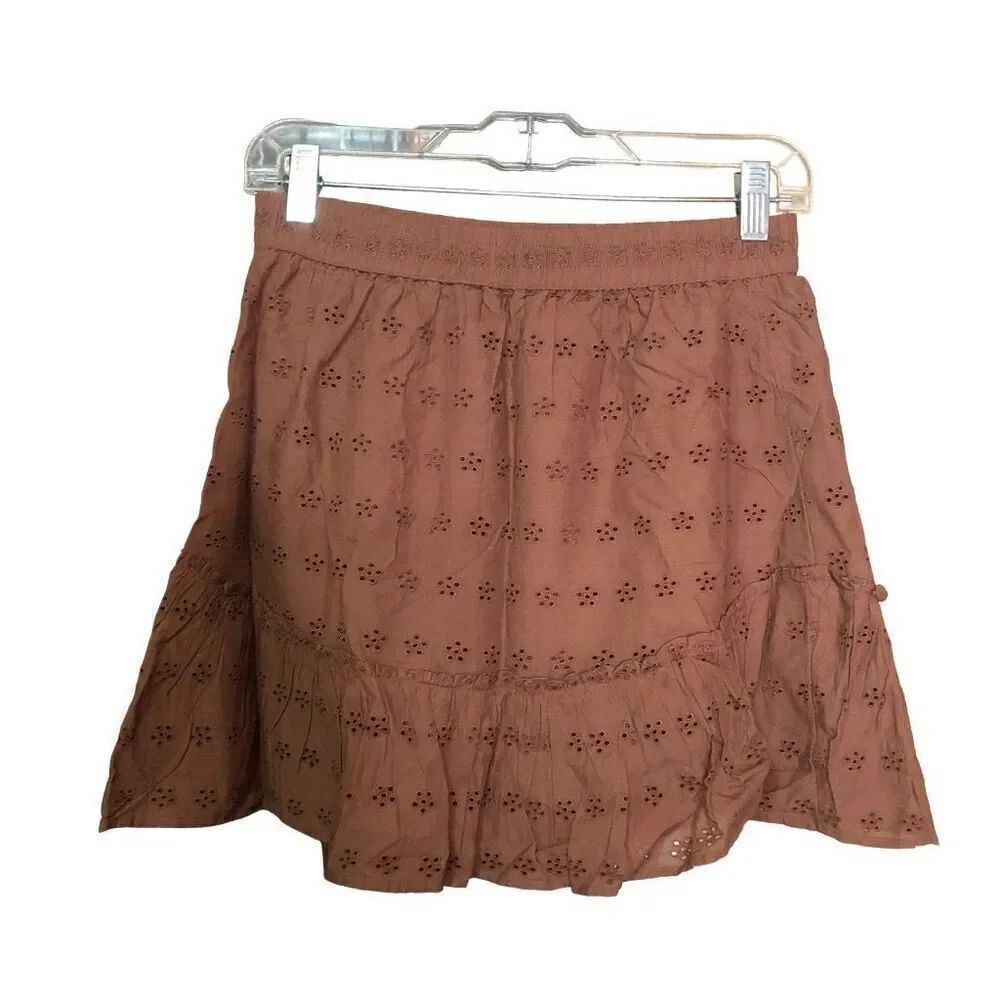 Hollister Womens High Rise Mini Skirt S Dark Brown Cotton Eyelet Boho Peasant